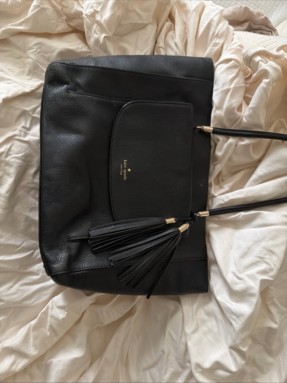 kate spade Black Leather Shoulder Tote with Tassel Detail